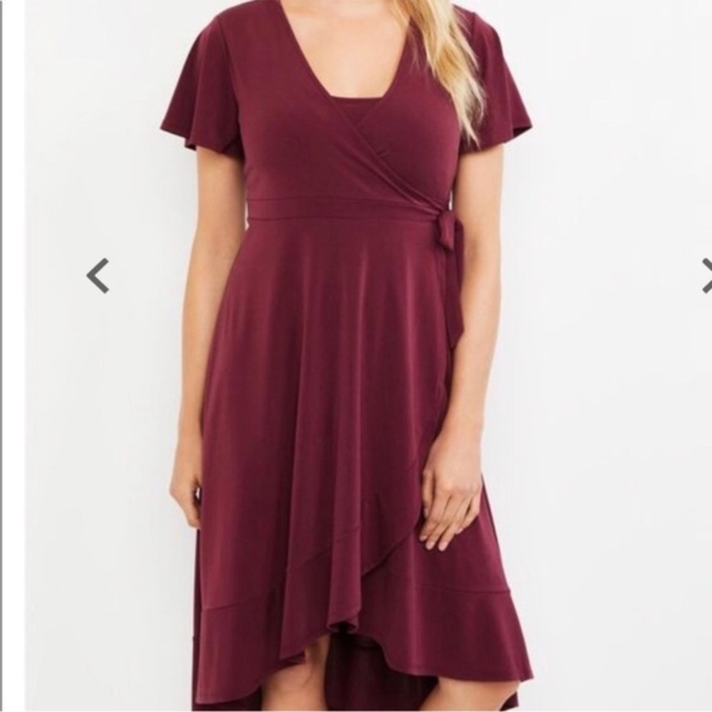 Motherhood Maternity Maroon Wrap Nursing Dress Size Medium Asymmetrical‎ Hem
